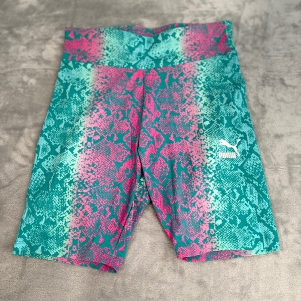 NWOT Puma High Rise Biker Shorts Women's S Pink Teal Snakeskin Print